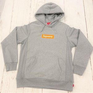 Supreme FW17 Orange Box Logo Hoodie Hood Sweatshirt Heather Gray Sz L Excellent
